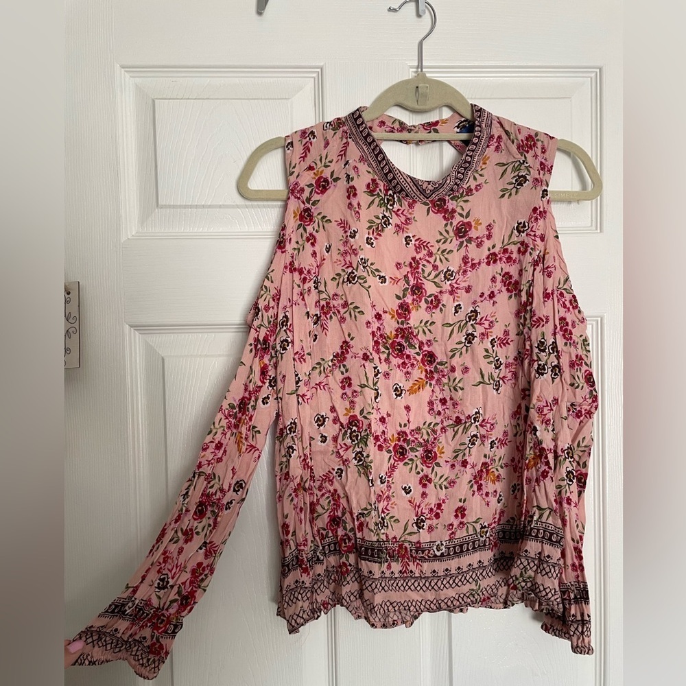 Blue Rain Floral Light Pink Women's Top XS with Shoulder Cutouts